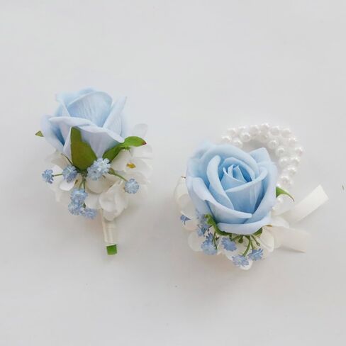 مجموعة صدار MAFELOE Boutonniere، ملحقات الزهور الاصطناعية لحفلات الزفاف وحفلات العودة للوطن والاحتفالات - قطعتان أزرق فاتح + أبيض in Kuwait