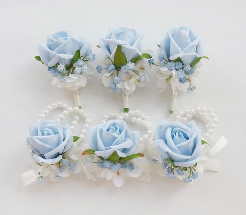 مجموعة صدار MAFELOE Boutonniere، ملحقات الزهور الاصطناعية لحفلات الزفاف وحفلات العودة للوطن والاحتفالات - قطعتان أزرق فاتح + أبيض in Kuwait