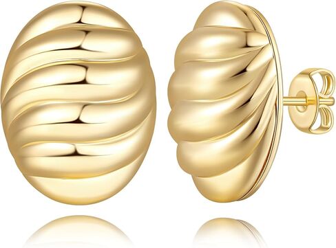 14K Gold Earrings for Women Gold Studs Earrings for Women Stud Earring for Womens Studs Oval Disc with Engraved Ripple Pattern Stud Earring for Womens 20mm in Saudi Arabia