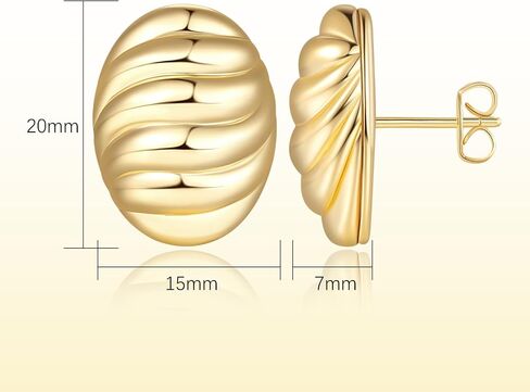 14K Gold Earrings for Women Gold Studs Earrings for Women Stud Earring for Womens Studs Oval Disc with Engraved Ripple Pattern Stud Earring for Womens 20mm in Saudi Arabia