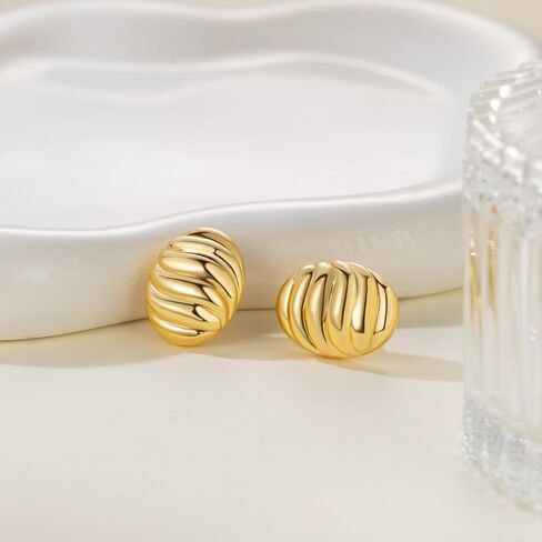 14K Gold Earrings for Women Gold Studs Earrings for Women Stud Earring for Womens Studs Oval Disc with Engraved Ripple Pattern Stud Earring for Womens 20mm in Saudi Arabia