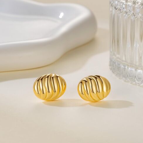 14K Gold Earrings for Women Gold Studs Earrings for Women Stud Earring for Womens Studs Oval Disc with Engraved Ripple Pattern Stud Earring for Womens 20mm in Saudi Arabia
