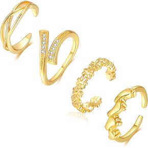 POVIK 4 PCS 18K Gold Plated Toe Rings for Women Adjustable Silver Gold Toe Ring Set Cute CZ Daisy Flower Toe Rings Open Toe Rings Hawaiian Beach Summer Foot Jewelry for Teen Girls Gift