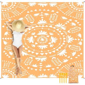 SkyNature Boho Beach Blanket Waterproof Sandproof, 78''×86'' Large Sand Free Beach Mat with 4 Stakes for 1-4 Adults, Big Compact Lightweight Outdoor Picnic Blanket for Camping, Hiking, Travel