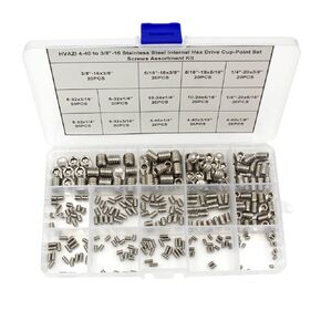 HVAZI 4-40 to 3/8"-16 Stainless Steel Internal Hex Drive Cup-Point Set Screws Assortment Kit