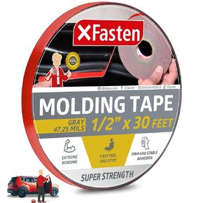 شريط تشكيل السيارات XFasten فائق القوة، رمادي، 1/2 بوصة × 30 قدم، شريط تثبيت خارجي مزدوج الجوانب لقولبة جسم السيارة، والزخرفة، والمرآة الجانبية، والشعار، ولوحة الاسم والتطبيقات الخارجية
