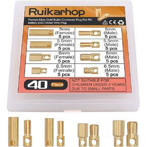 40 PCS 5mm 5.5mm 6mm 6.5mm Female Male Gold Banana Bullet Connector Plug for RC Battery ESC Motor Wire Plug