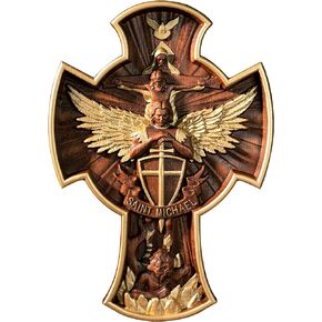 BGCOPPER Saint Michael Cross Wall Decor, Wooden Holy Trinity Crucifix Wall Cross, Jesus Cross for Wall Hanging Christmas Gift (10 Inch)