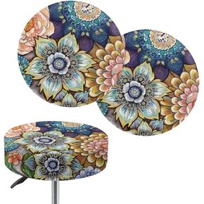 Lotusorchid Boho Mandala Flower Bar Stool Covers, Colorful Dustproof Seat Cover for Chairs, Washable Seat Cover for Bar Stools Decorative, 2 Pack Stretchy Stool Seat Cover Round for 13-15 Inch