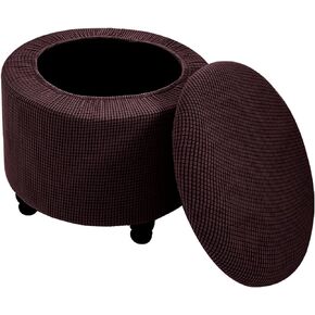 Andreannie Stretch Beige Jacquard Fabric Ottoman Slipcover Floding Storage Foot Stool Covers Soft Round Slipcover Removable Washable Furniture Protector for Home Decor (Beige)