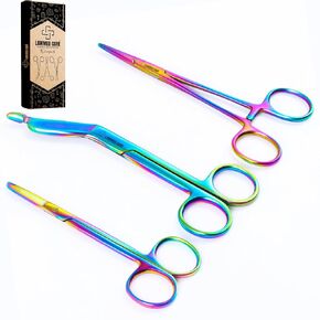 LawMed Care Hemostat and Scissors with Multicolor Titanium Coating - Suture Removal Scissors, Lister Bandage Scissors, Hemostatic Forceps - Set of 3