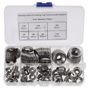 FEIYING 170Pcs 304 Stainless Steel Finishing Cup Countersunk Washers Assortment Kit,4#/6#/8#/10#/12#/14#/16# Silver Finishing Cup Washer