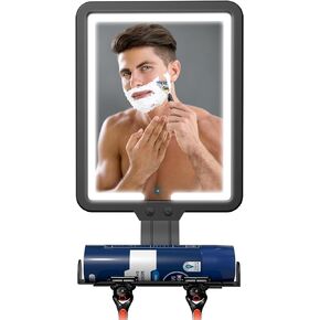 Lighted Shower Mirror Fogless for Shaving, Heated Fog Free Large 9.5*8inch 3 Color Modes Dimming Shower Shaving Mirror with Light, Rechargeable Anti-Fog Shower Mirror with Storage Tray & Razor Holders