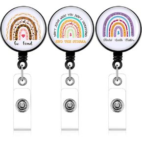 Zonon 3 Pieces Mental Health Retractable Badge Reels, Decorative Rainbow ID Badge Holder, Badge Holder with Alligator Clip for Nurses, Doctors, Volunteers for Name Card