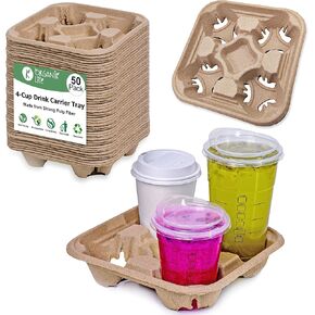 4 Cup Carrier Tray (50-Pack), No-Spill, No-Mess Disposable Cup Holder Tray, Biodegradable, Eco-Friendly Drink Carrier for Delivery of Hot or Cold Drinks, Ideal To Go Drink Holder for Car Food Delivery in Kuwait