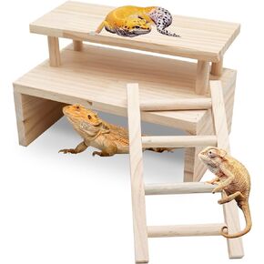 Reptile Hide Cave, Wooden Double Layer Reptile Hideout with Climbing Ladder, Cage and Aquarium Accessories, Habitat Decor for Lizards Leopard Geckos Bearded Dragons Corn Snakes Hamsters Gerbils Rats
