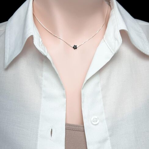 Tiny Delicate and Dainty Sterling Silver Black Onyx Star Necklace, Birthday Gift Necklace, Floating Star Necklace, Black Onyx Necklace, Black Star Choker Necklace (15 inches plus 2-inch extender) in Saudi Arabia