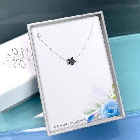 Tiny Delicate and Dainty Sterling Silver Black Onyx Star Necklace, Birthday Gift Necklace, Floating Star Necklace, Black Onyx Necklace, Black Star Choker Necklace (15 inches plus 2-inch extender) in Saudi Arabia