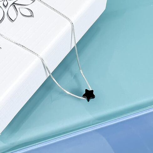 Tiny Delicate and Dainty Sterling Silver Black Onyx Star Necklace, Birthday Gift Necklace, Floating Star Necklace, Black Onyx Necklace, Black Star Choker Necklace (15 inches plus 2-inch extender) in Saudi Arabia