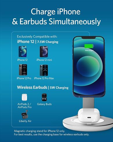 شاحن Anker اللاسلكي، حامل PowerWave المغناطيسي 2 في 1 مع كابل USB-C بطول 4 أقدام، محطة شحن لاسلكية فقط لهاتف iPhone 14/14 Pro/14 Pro Max/13/13 Pro Max / AirPods Pro (لا يوجد محول تيار متردد) in Saudi Arabia