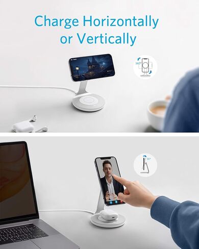 شاحن Anker اللاسلكي، حامل PowerWave المغناطيسي 2 في 1 مع كابل USB-C بطول 4 أقدام، محطة شحن لاسلكية فقط لهاتف iPhone 14/14 Pro/14 Pro Max/13/13 Pro Max / AirPods Pro (لا يوجد محول تيار متردد) in Saudi Arabia