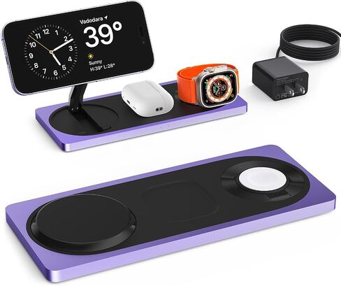 PETINO 3 in 1 Magnetic Wireless Charger Foldable, Mag-Safe Charger Stand, Mag-Safe Wireless Charging Station for Apple Devices, iPhone 15/14/13/12 Series, Apple Watch Series, AirPods Pro(Purple) in Saudi Arabia