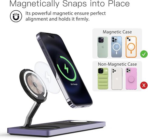 PETINO 3 in 1 Magnetic Wireless Charger Foldable, Mag-Safe Charger Stand, Mag-Safe Wireless Charging Station for Apple Devices, iPhone 15/14/13/12 Series, Apple Watch Series, AirPods Pro(Purple) in Saudi Arabia