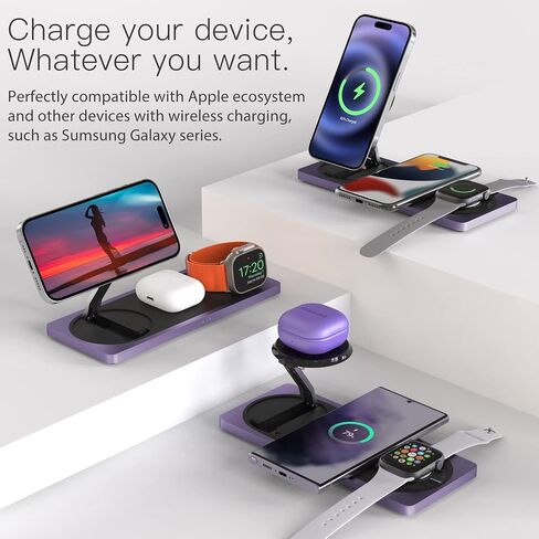 PETINO 3 in 1 Magnetic Wireless Charger Foldable, Mag-Safe Charger Stand, Mag-Safe Wireless Charging Station for Apple Devices, iPhone 15/14/13/12 Series, Apple Watch Series, AirPods Pro(Purple) in Saudi Arabia