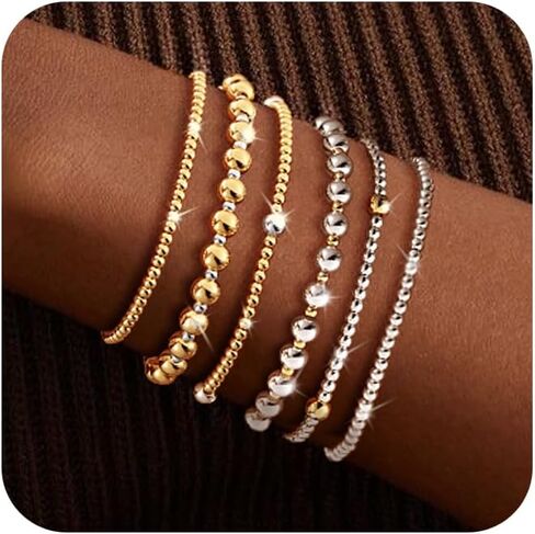 koperin Layered Elastic Stretch 2MM/4MM/6MM Beaded Bracelets - Dainty 14K Gold/Silver Plated Stack Bracelet Set Size of 6.5inch for Women Girl Trendy Jewelry Gift in Saudi Arabia