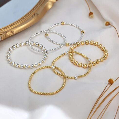 koperin Layered Elastic Stretch 2MM/4MM/6MM Beaded Bracelets - Dainty 14K Gold/Silver Plated Stack Bracelet Set Size of 6.5inch for Women Girl Trendy Jewelry Gift in Saudi Arabia