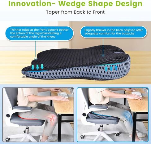 وسادة مقعد إسفينية للحفاظ على الزاوية الطبيعية للركبتين وتحسين الوضعية - وسادة مقعد ناعمة من الإسفنج الذكي لإطلاق العنان لراحة فائقة في المكتب والمنزل ومقاعد السيارة (غطاء شبكي، أسود) in Kuwait