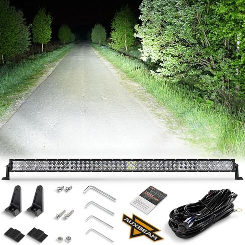 شريط إضاءة LED Auxbeam 52 بوصة 300 وات، 30000 لومن مقاوم للماء ضوء العمل على الطرق الوعرة، مصباح القيادة على الطرق الوعرة، عدسة 5D صف مزدوج، مجموعة مصابيح الضباب مع حزام الأسلاك لشاحنات الالتقاط SUV ATV UTV Boat in Kuwait