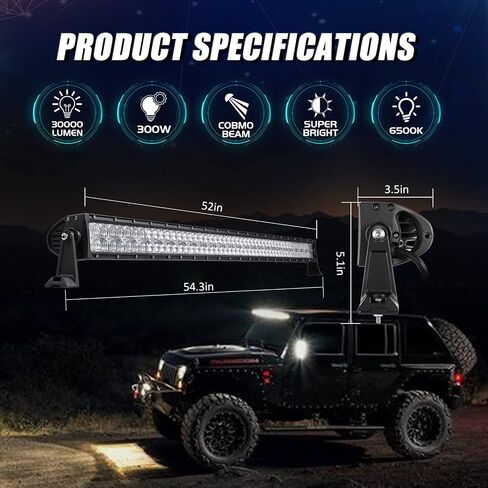 شريط إضاءة LED Auxbeam 52 بوصة 300 وات، 30000 لومن مقاوم للماء ضوء العمل على الطرق الوعرة، مصباح القيادة على الطرق الوعرة، عدسة 5D صف مزدوج، مجموعة مصابيح الضباب مع حزام الأسلاك لشاحنات الالتقاط SUV ATV UTV Boat in Kuwait