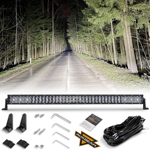 شريط إضاءة LED Auxbeam 52 بوصة 300 وات، 30000 لومن مقاوم للماء ضوء العمل على الطرق الوعرة، مصباح القيادة على الطرق الوعرة، عدسة 5D صف مزدوج، مجموعة مصابيح الضباب مع حزام الأسلاك لشاحنات الالتقاط SUV ATV UTV Boat in Kuwait