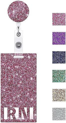 ANDGING Pink RN Badge Buddy and Badge Reel Set عمودي التمريض RN شارة بطاقة بكرات شارة قابلة للسحب للممرضات بريق شارة تحديد العلامات طالب ممرضة بطاقة الهوية الطبية مكتب الملحقات A12 in Kuwait