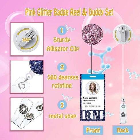 ANDGING Pink RN Badge Buddy and Badge Reel Set عمودي التمريض RN شارة بطاقة بكرات شارة قابلة للسحب للممرضات بريق شارة تحديد العلامات طالب ممرضة بطاقة الهوية الطبية مكتب الملحقات A12 in Kuwait