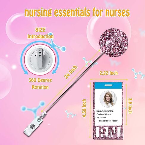 ANDGING Pink RN Badge Buddy and Badge Reel Set عمودي التمريض RN شارة بطاقة بكرات شارة قابلة للسحب للممرضات بريق شارة تحديد العلامات طالب ممرضة بطاقة الهوية الطبية مكتب الملحقات A12 in Kuwait