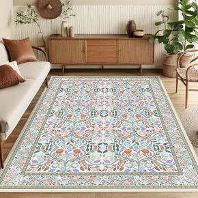 5 x 7 Area Rugs for Living Room, Washable Floral Vintage Rugs Non-Slip Ultra-Thin Indoor Green Boho Rug for Bedroom Kitchen Dining Room Nursery Office Stain Resistant Floor Carpet in Kuwait