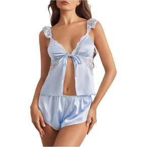 SHENHE Women's Satin Pajama Set Lace Trim Tie Front Cami and Shorts Silky Pjs Set Sleepwear in Kuwait