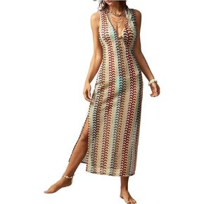 GORGLITTER Women's Boho Color Block Crochet Maxi Dress Summer Vacation Beach Peasant Bodycon Tank Long Sundresses 2025 in Saudi Arabia