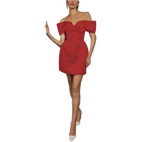 فستان مشد قصير خارج الكتف للنساء من الساتان فستان قصير لحفلات الزفاف مع فيونكة فستان بسيط لحفلات العودة للوطن أحمر 10 in Kuwait