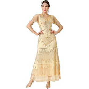 Women's Flapper Dress 1920s V-Neck Evening Gown Sequin Beaded Maxi Dress for Wedding in Saudi Arabia