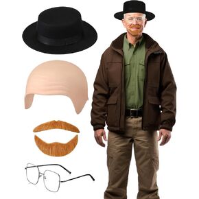 Mepase 4 Pcs Halloween Costume Accessory, Includes Bald Cap Latex Bald Head Wig Cap, Black Top Hat, Fake Beard Self Adhesive, Clear Lens Glasses for Men Adults Halloween Cosplay in Kuwait