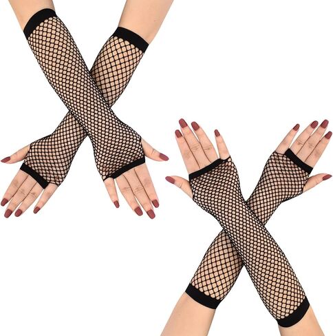 2 Pairs Fishnet Gloves Women's Mesh Fingerless Gloves for 80s Costume Theme Party, Pink, Long in Kuwait