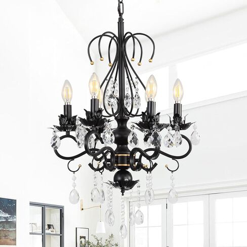 Crystal Chandeliers Clear Chandelier 6-Light Modern Pendant Ceiling Lighting Fixture with Adjustable Chain Length, Vintage Black Light Fixture for Living Room, Farmhouse, Kitchen,Black in Saudi Arabia