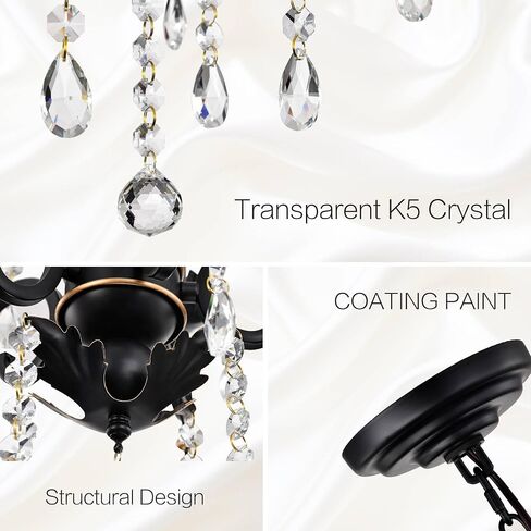 Crystal Chandeliers Clear Chandelier 6-Light Modern Pendant Ceiling Lighting Fixture with Adjustable Chain Length, Vintage Black Light Fixture for Living Room, Farmhouse, Kitchen,Black in Saudi Arabia