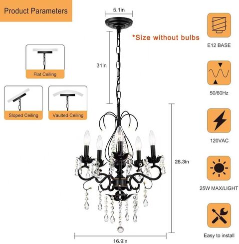 Crystal Chandeliers Clear Chandelier 6-Light Modern Pendant Ceiling Lighting Fixture with Adjustable Chain Length, Vintage Black Light Fixture for Living Room, Farmhouse, Kitchen,Black in Saudi Arabia