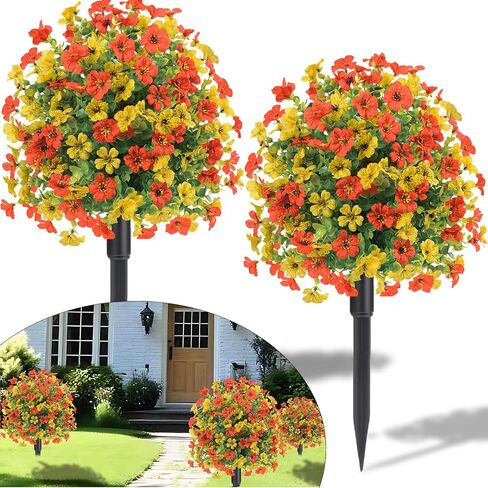 22.8" Set of 2 Fall Artificial Boxwood Topiary Ball with Spikes,UV Resistant Fake Outdoor shrubs with Violet Flowers, Faux Plants Bushes for Garden Front Porch Yard Patio(Yellow+Orange) in Saudi Arabia