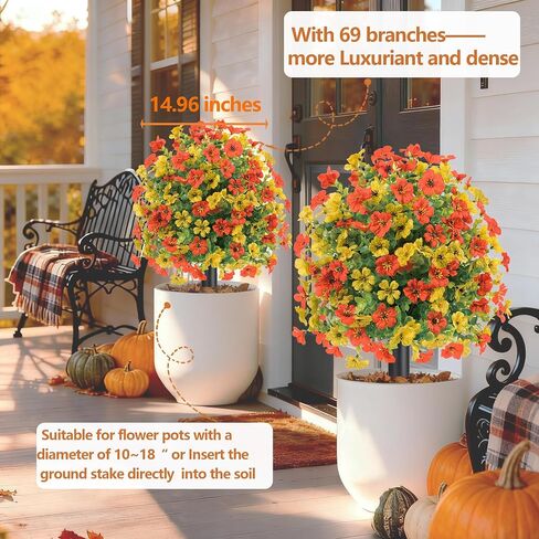 22.8" Set of 2 Fall Artificial Boxwood Topiary Ball with Spikes,UV Resistant Fake Outdoor shrubs with Violet Flowers, Faux Plants Bushes for Garden Front Porch Yard Patio(Yellow+Orange) in Saudi Arabia