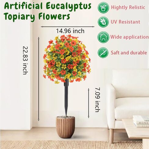 22.8" Set of 2 Fall Artificial Boxwood Topiary Ball with Spikes,UV Resistant Fake Outdoor shrubs with Violet Flowers, Faux Plants Bushes for Garden Front Porch Yard Patio(Yellow+Orange) in Saudi Arabia